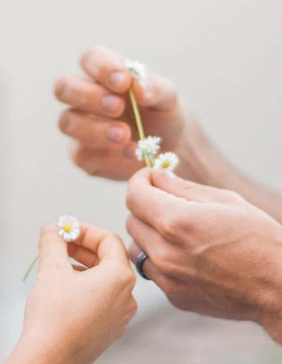 mains avec pâquerettes
